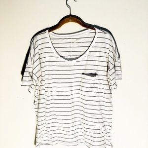 White and Black Striped T-Shirt with Pocket